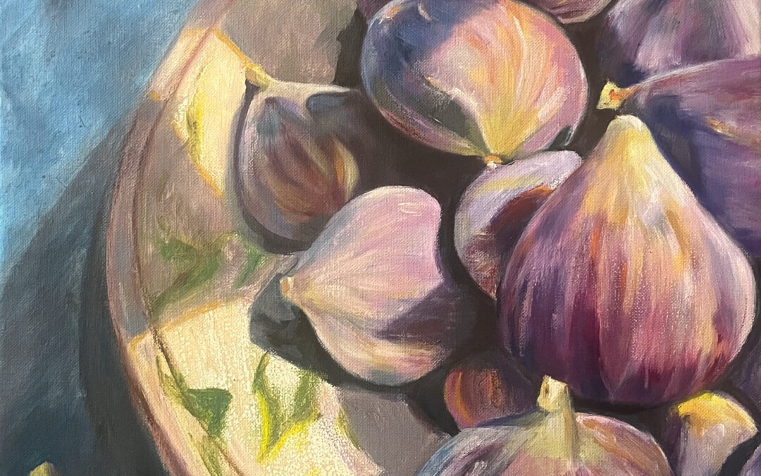 Mixed media painting of a bowl of freshly picked figs sitting on a kitchen counter.