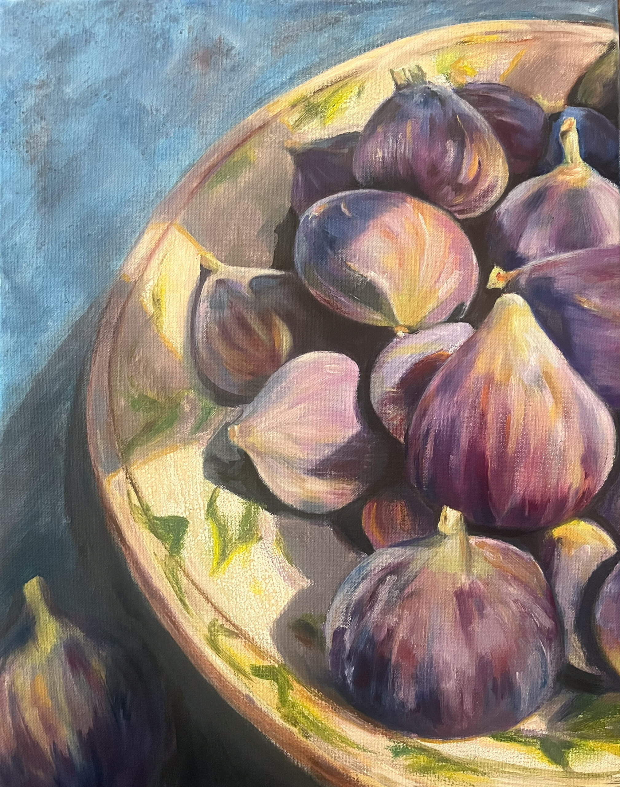 Mixed media painting of a bowl of freshly picked figs sitting on a kitchen counter.