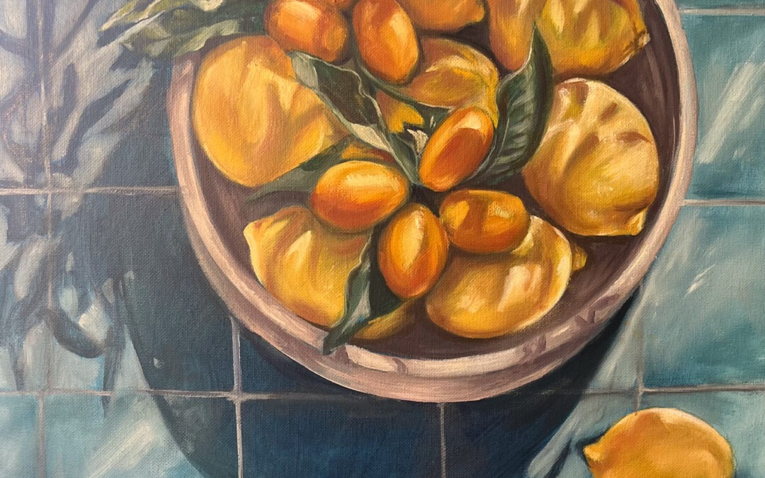 Painting of a bowl of lemons and kumquats on a blue kitchen counter.