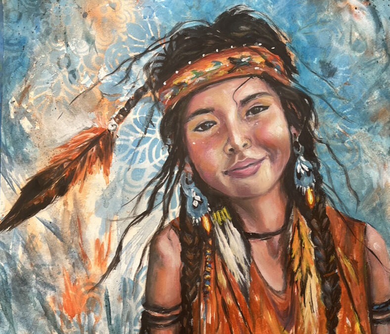 Mixed media painting of a young Indian girl dressed in traditional clothing with a smile.