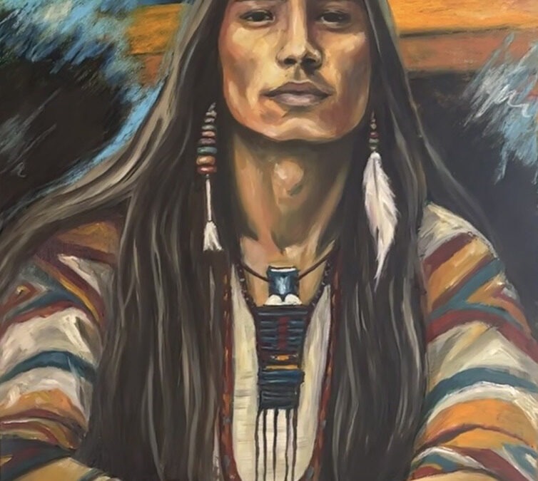 Mixed media portrait of a Native American man displaying quiet strength and determination.